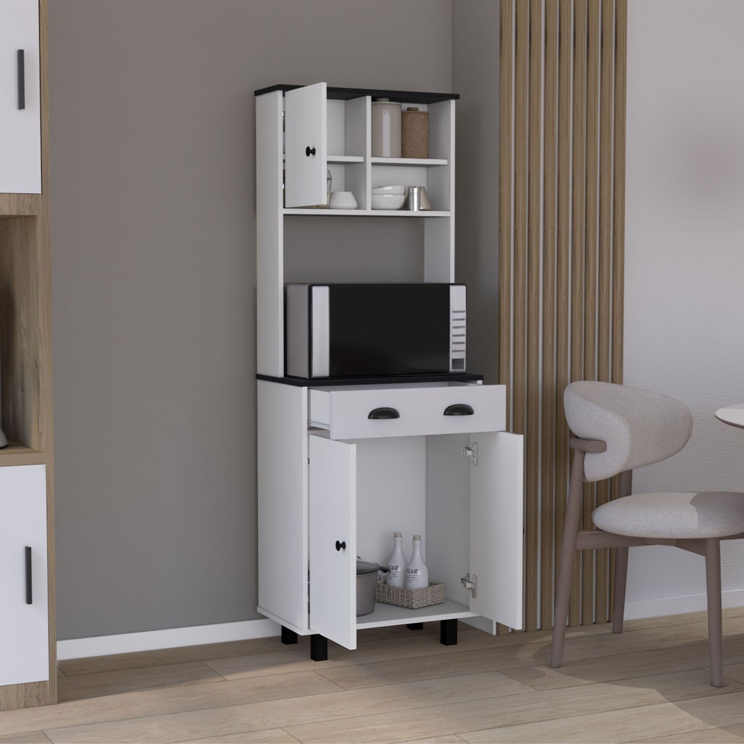 DEPOT E-SHOP Waco 67" H Kitchen Pantry with Two Cabinets, Two Open Shelves, and One Drawer,White/Black image 3