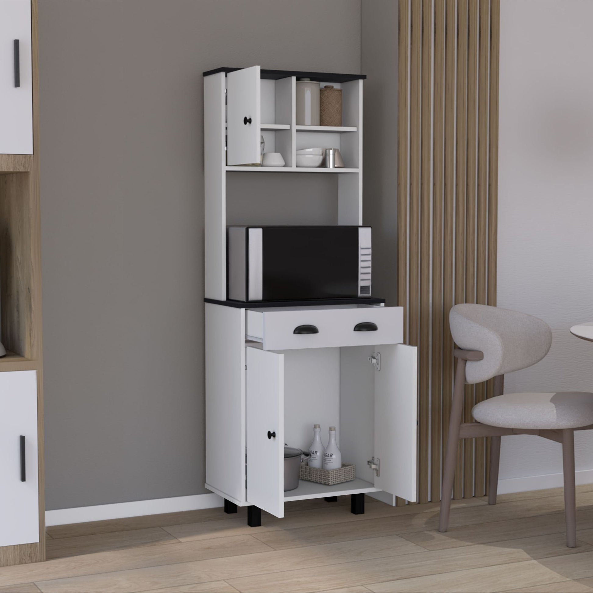 DEPOT E-SHOP Waco 67" H Kitchen Pantry with Two Cabinets, Two Open Shelves, and One Drawer,White/Black image 3