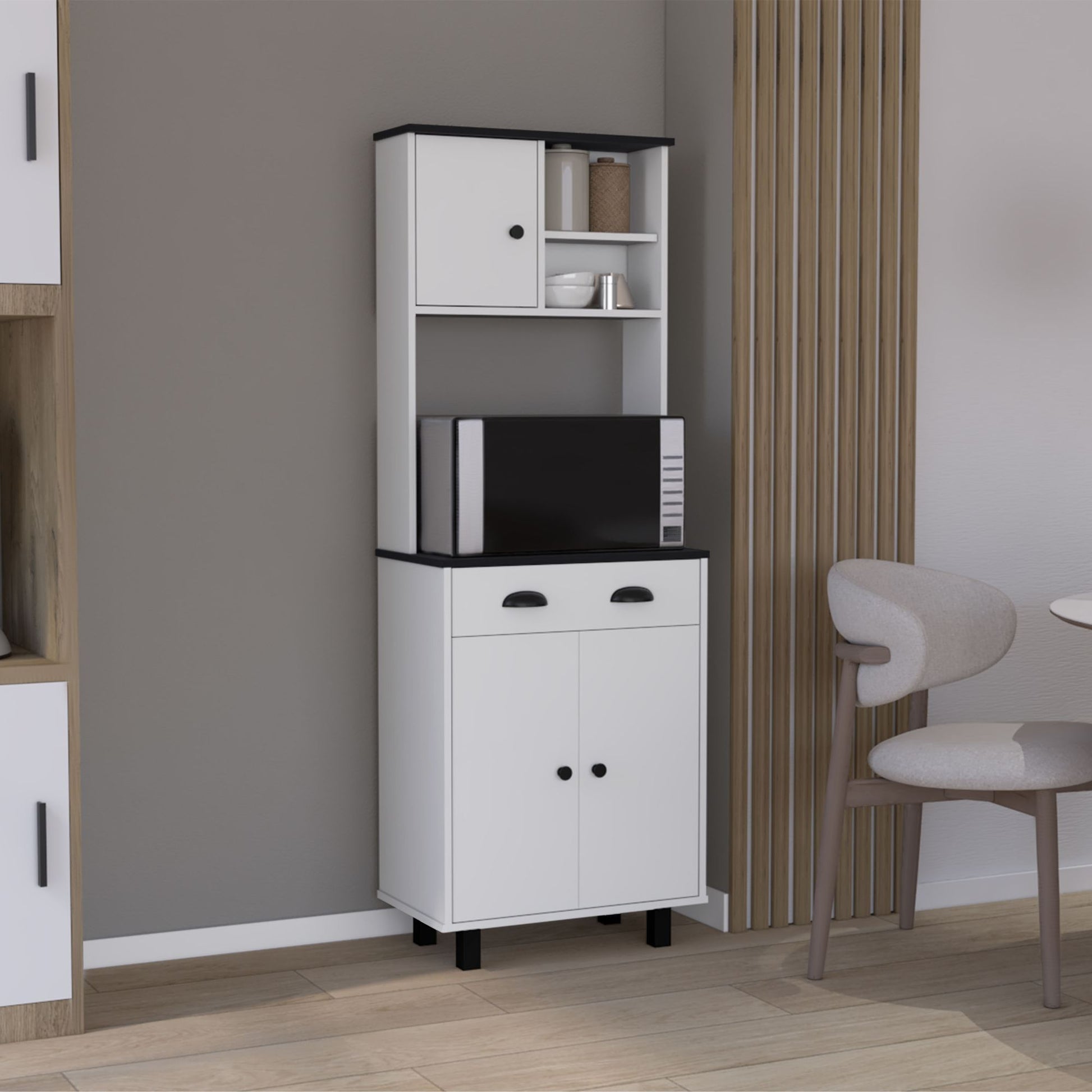 DEPOT E-SHOP Waco 67" H Kitchen Pantry with Two Cabinets, Two Open Shelves, and One Drawer,White/Black image 1