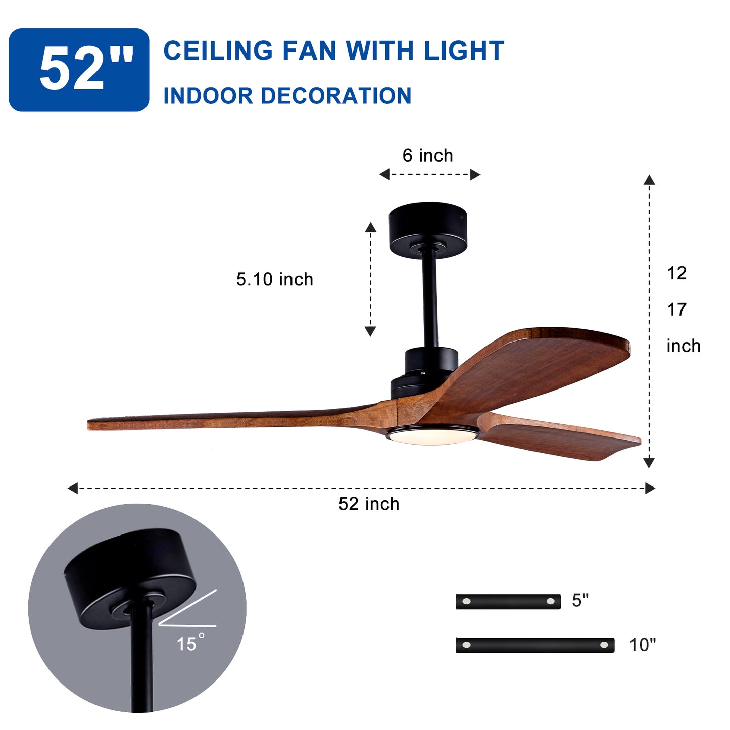 Ceiling Fans with Lights and Remote 52'' Outdoor Ceiling Fan with 6 Speed Noiseless Reversible DC Motor, Indoor 3 Blade Wood Ceiling Fan for Farmhouse Bedroom Living Room Gazebo Patio Black image 10