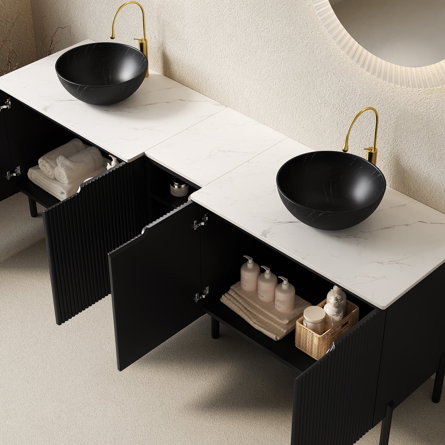 TURIO 72" Freestanding Double Bathroom Vanity with Sinks, 2x30" Striped Storage Cabinets + 12" Removable Open Shelf, 2 Black Bowl Stone Pattern Vessel Basins with Carrara White Countertop, Black image 2