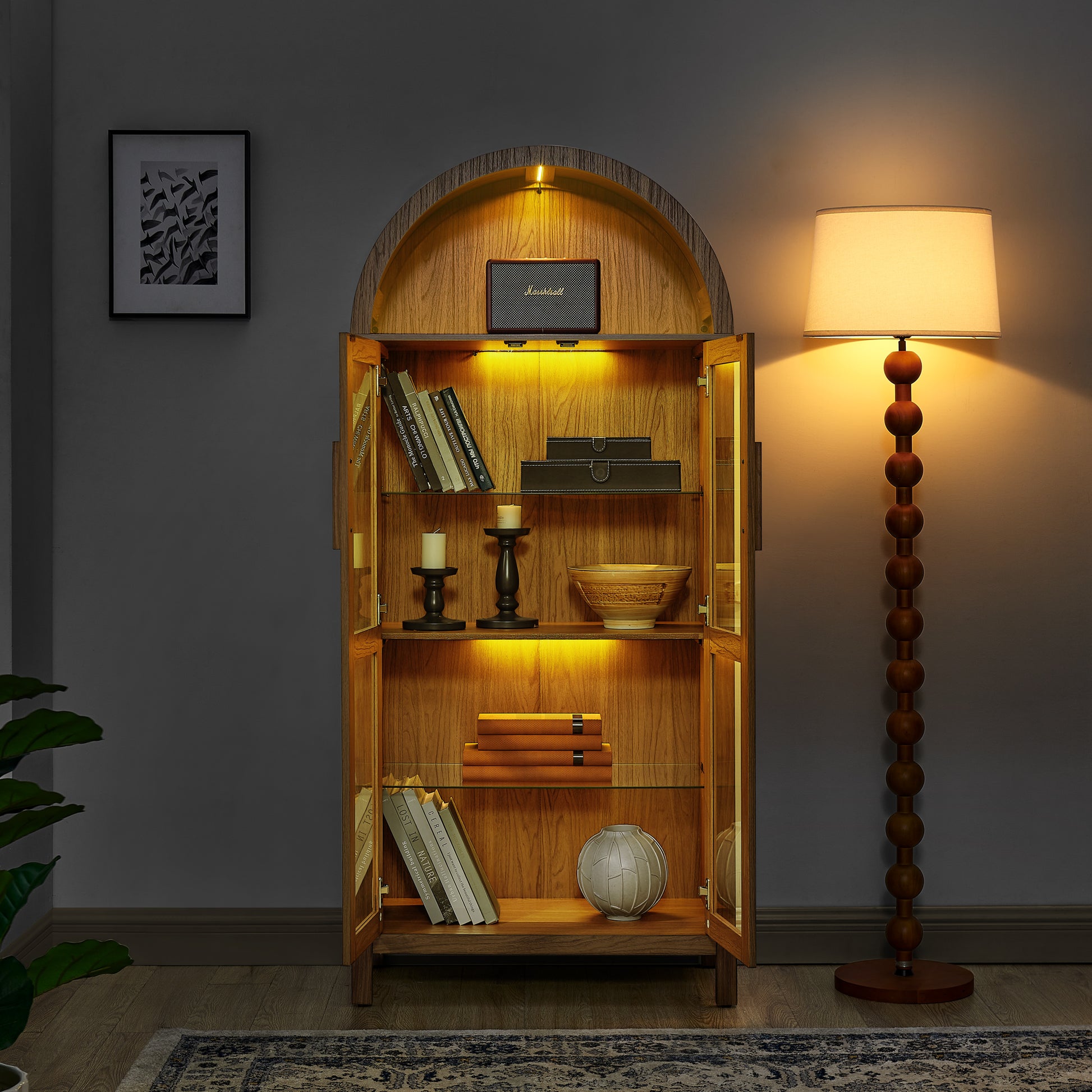 A high arched storage cabinet with a lamp, a modern retro-style wooden storage cabinet with adjustable glass partitions, suitable for use as a multi-functional cabinet in kitchens-Brown image 2