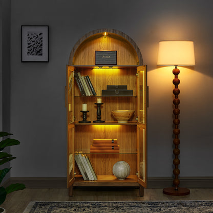 A high arched storage cabinet with a lamp, a modern retro-style wooden storage cabinet with adjustable glass partitions, suitable for use as a multi-functional cabinet in kitchens-Brown image 2