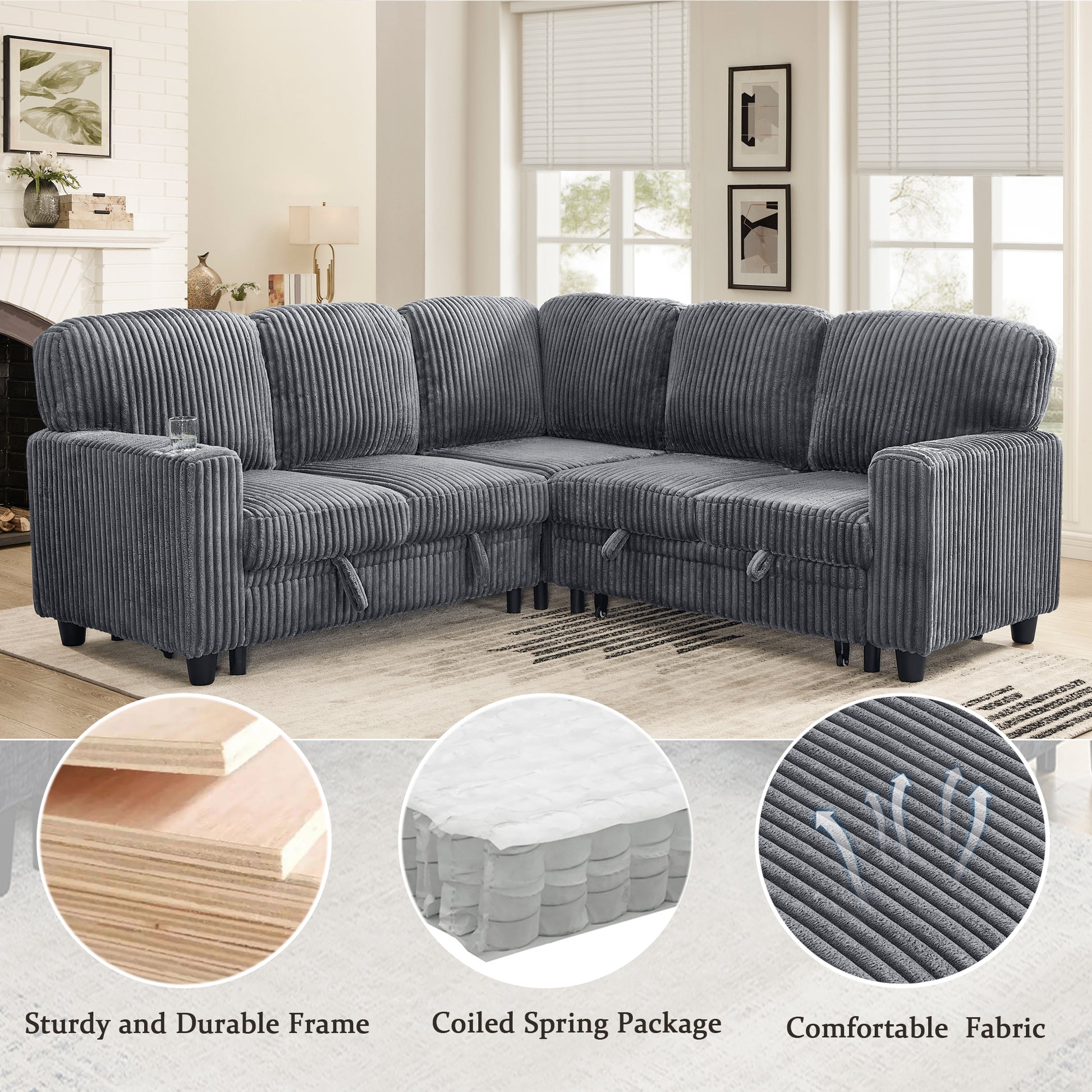 L-Shaped Sectional Sofa Bed with Pull-Out Bed & Storage, 5-Seat Sleeper Couch with USB Charging, Convertible Design for Living Room, Apartment, Corduroy Fabric, Grey image 5