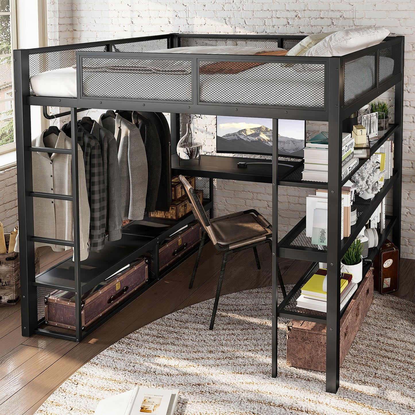 Queen Size Loft Bed with Storage Shelves, Metal Loft Bed with Clothes Hanging Rod and Desk, No Box Spring Needed Design, Black image 2