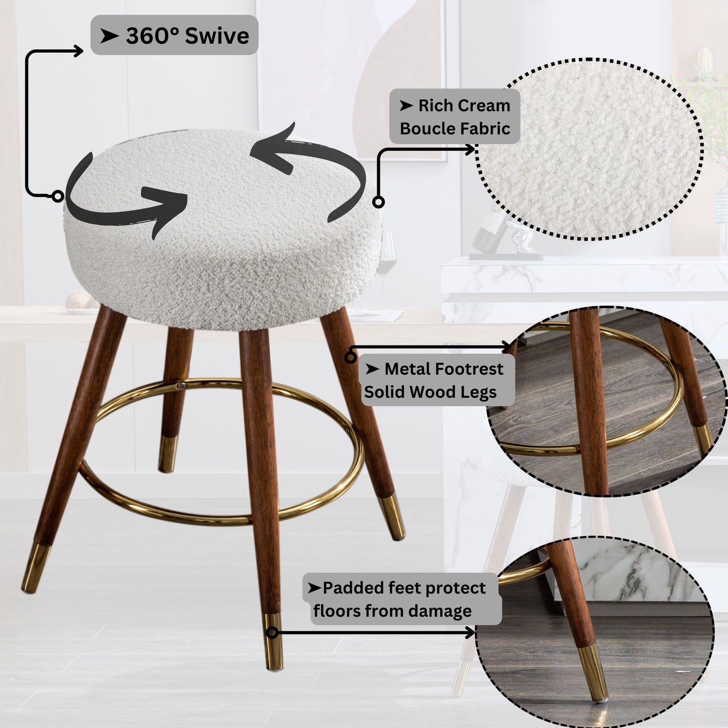 MoMo Boucle Upholstered Counter Height Stool, 360° Swivel image 2