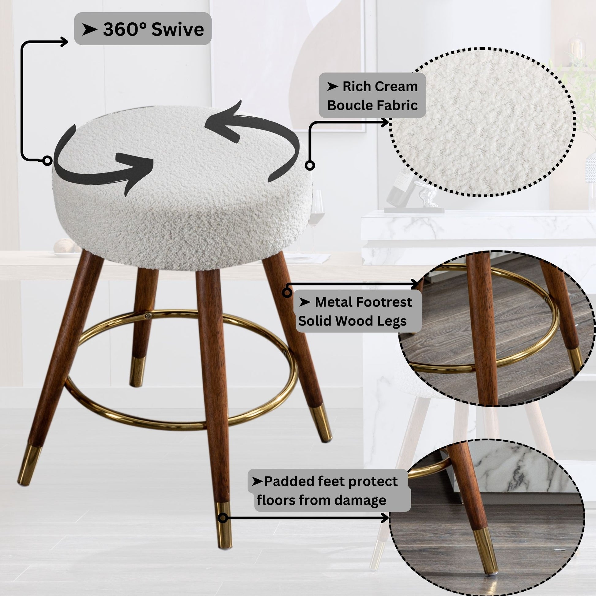 MoMo Boucle Upholstered Counter Height Stool, 360° Swivel image 2