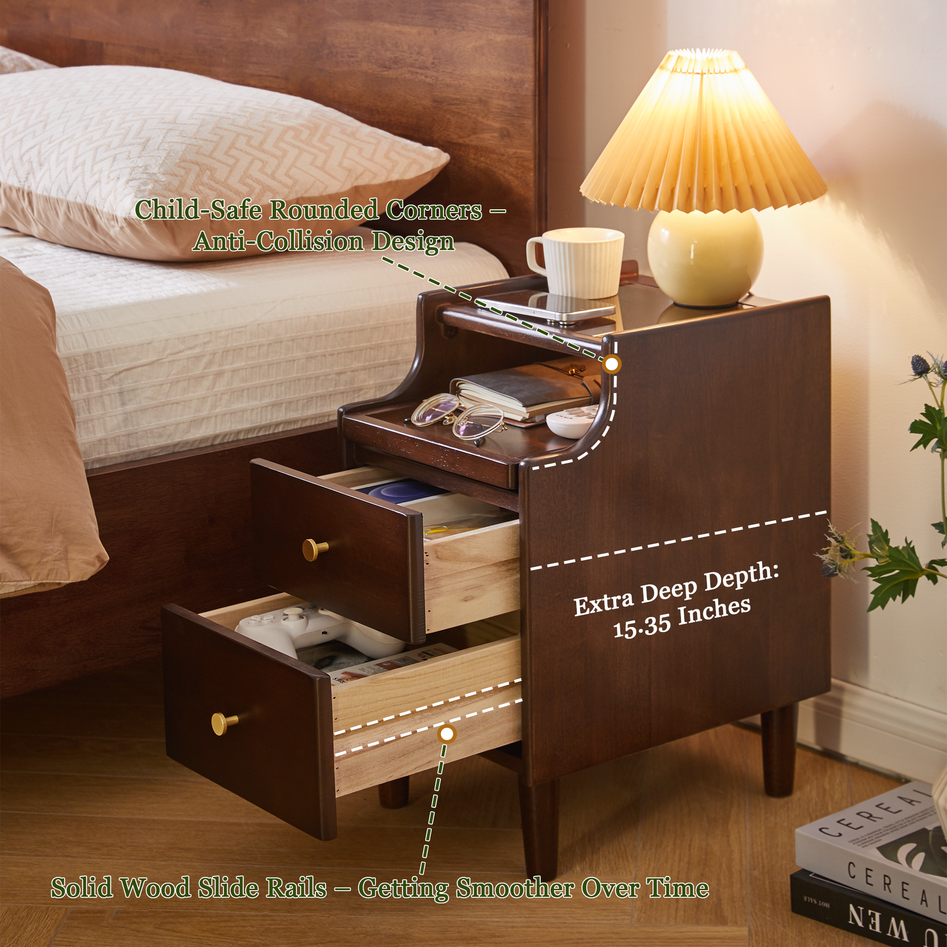 Solid Wood Nightstand with Two Drawers and Pull-out Panel Storage Bedside Table and Sofa Side Table image 11