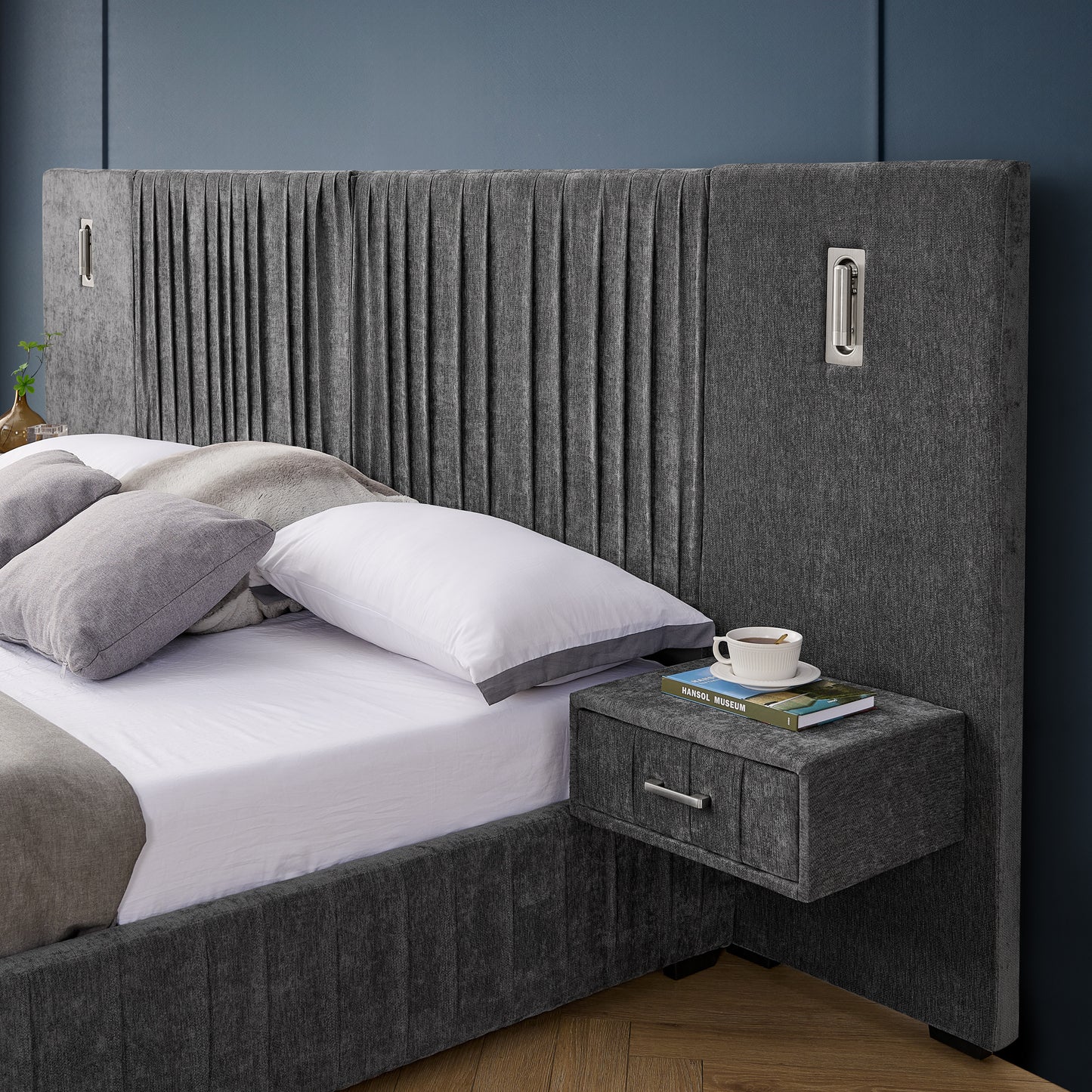 King Size Upholstered Bed Frame with Chenille fabric with pleated design,Grounded King Size Platform Bed with Headboard and Solid Frame and the bedside table.No Box Spring Needed-DARK GREY image 8