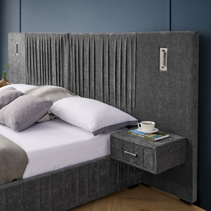 King Size Upholstered Bed Frame with Chenille fabric with pleated design,Grounded King Size Platform Bed with Headboard and Solid Frame and the bedside table.No Box Spring Needed-DARK GREY image 8