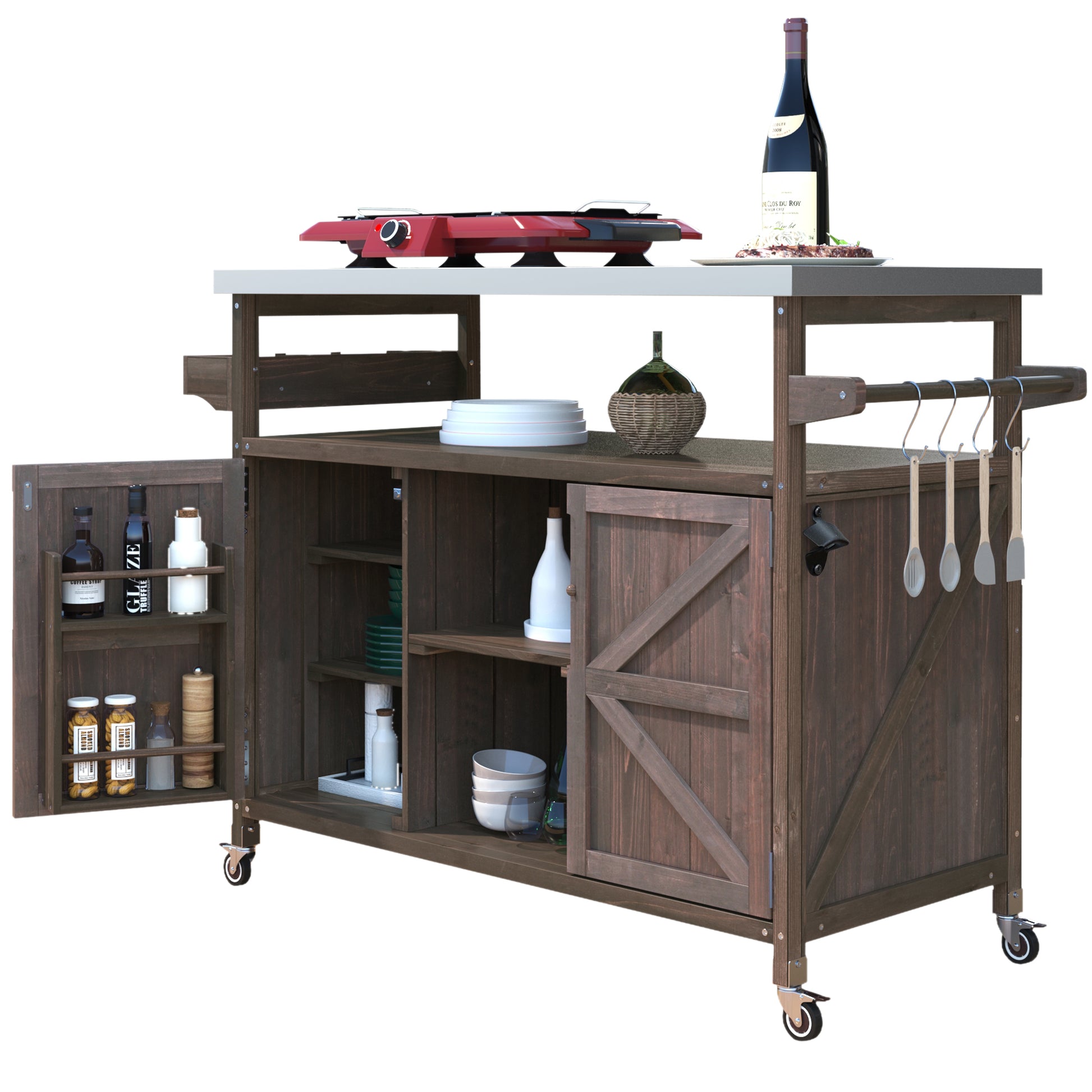 K&K Outdoor Kitchen Island, Rolling Bar Cart & Storage Cabinet, Farmhouse Solid Wood Outdoor Grill Table with Stainless Steel Top, Spice Rack, Towel Rack for Kitchen & Barbecue, Dark Brown image 11