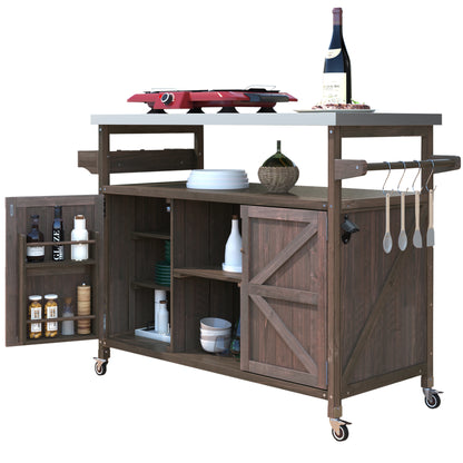K&K Outdoor Kitchen Island, Rolling Bar Cart & Storage Cabinet, Farmhouse Solid Wood Outdoor Grill Table with Stainless Steel Top, Spice Rack, Towel Rack for Kitchen & Barbecue, Dark Brown image 11