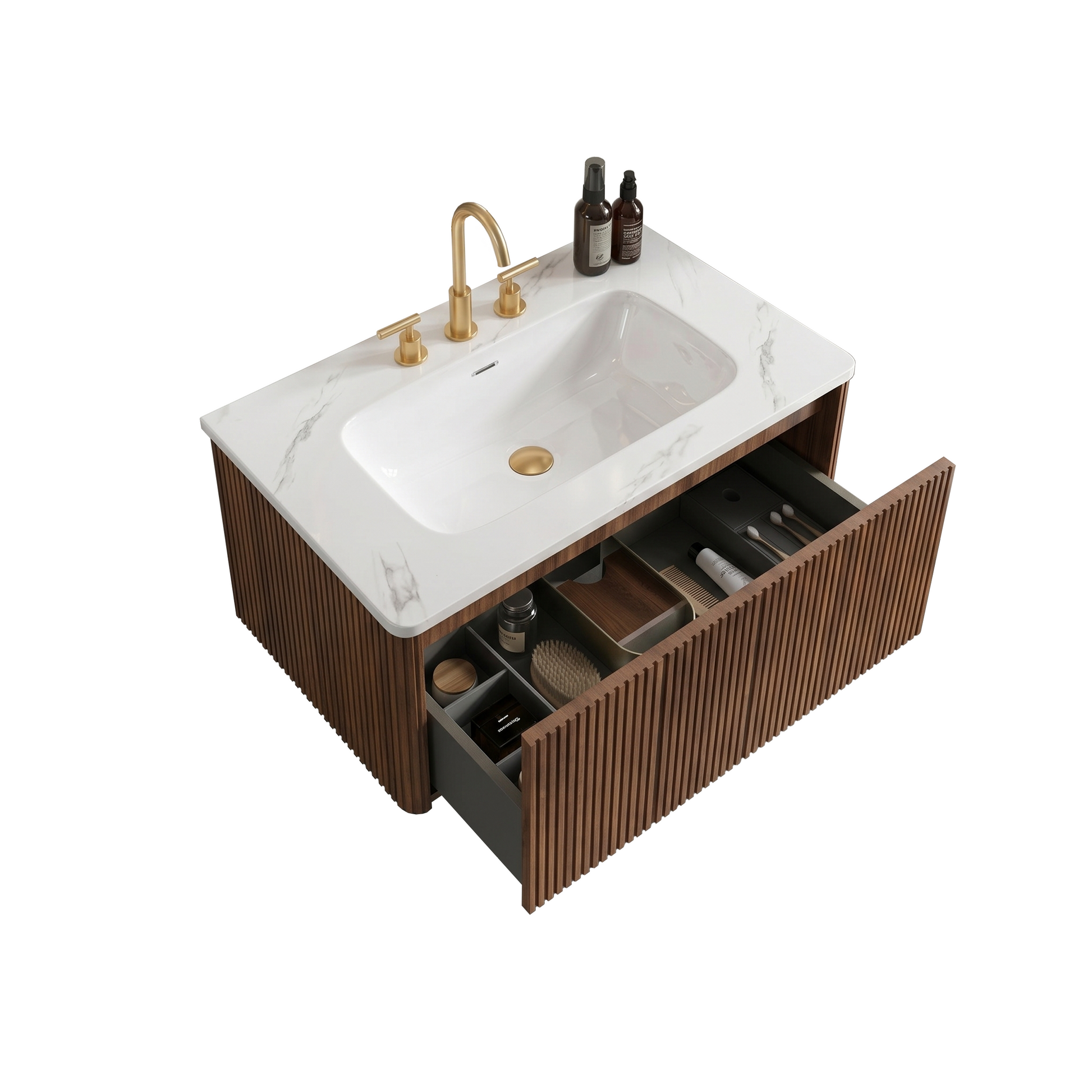 Etna 30" Striped Walnut Bathroom Vanity with Carrara White Ceramic Sink, Wall Mounted Floating Bathroom Vanity for Modern Bathroom, KD image 8