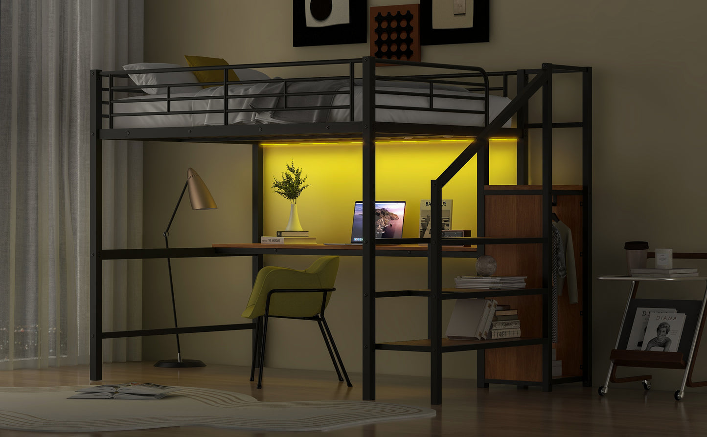Full Size Metal Loft Bed with Desk, Storage Staircase, Small Wardrobe and LED Light,Black image 8