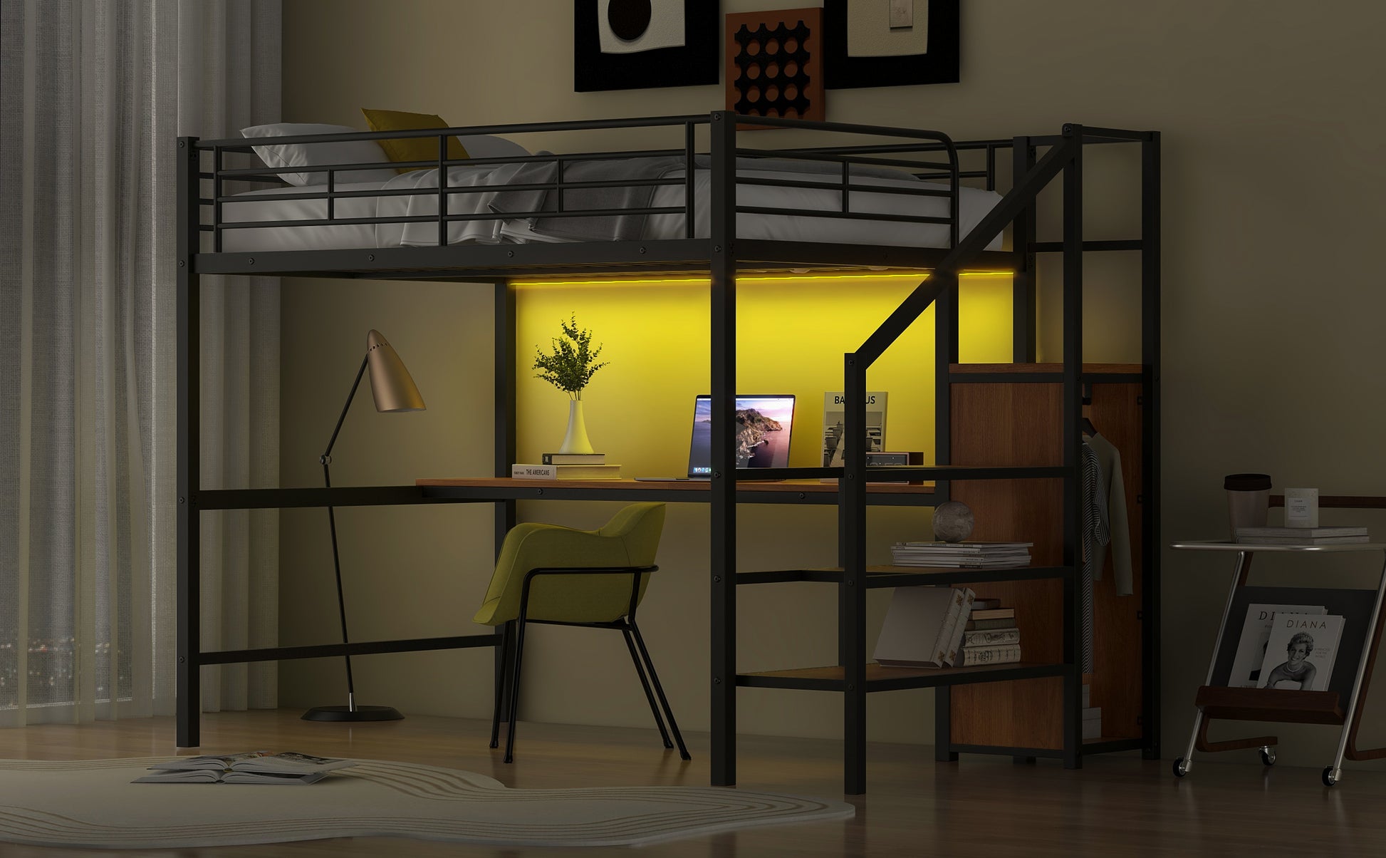 Full Size Metal Loft Bed with Desk, Storage Staircase, Small Wardrobe and LED Light,Black image 8