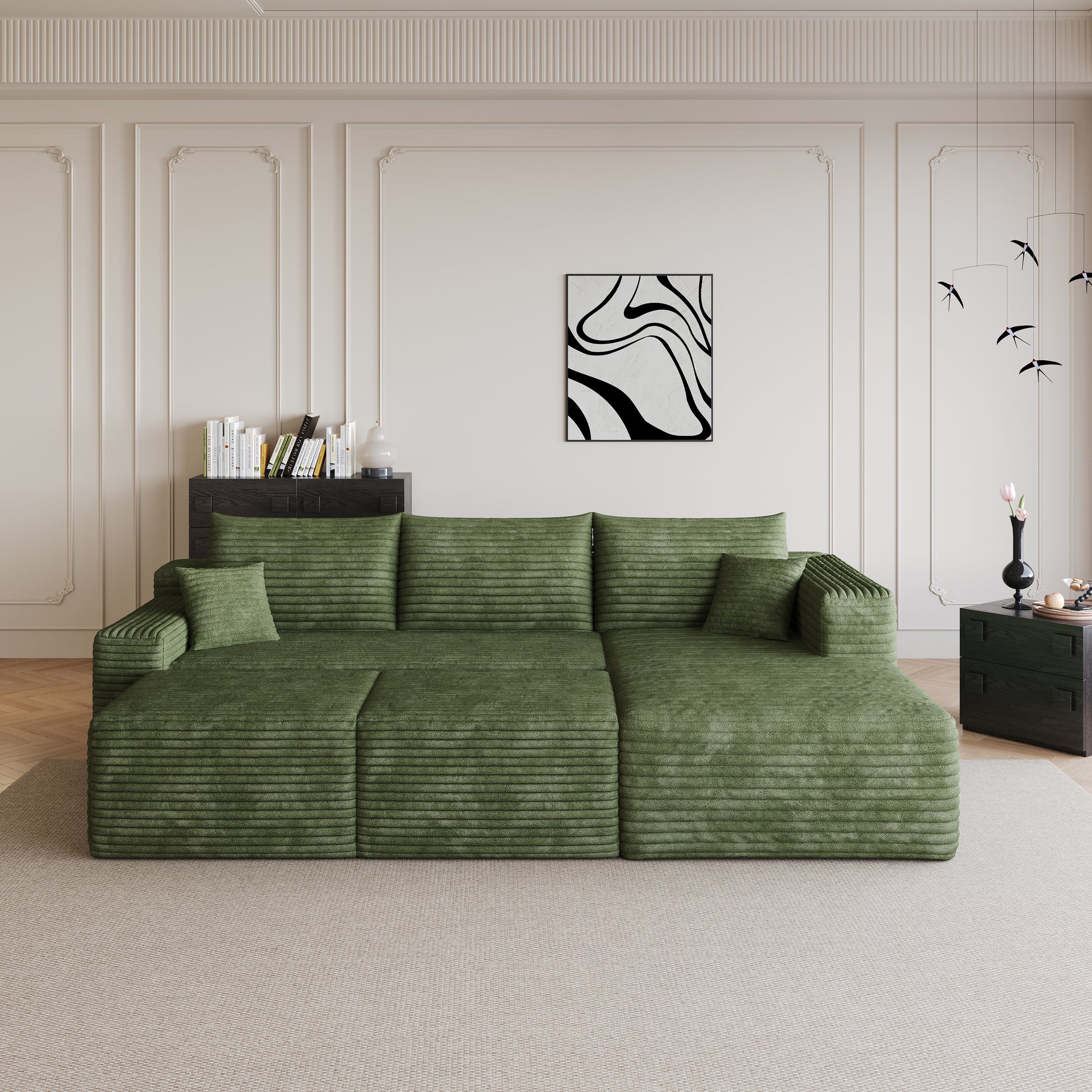 95" Cloud Sectional Sofa with 2 Ottoman,Modern Minimalist Upholstered Couches, Comfort U Shaped Sofa for Living Room,Deep Seat Corner Couch,No Assembly Required,Green(Plush Corduroy Fabric) image 6