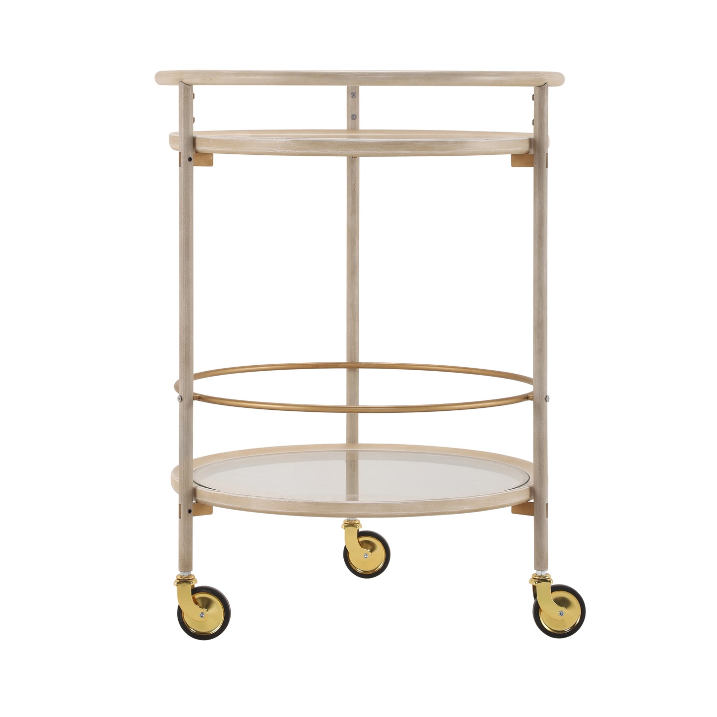 Round Bar Cart with Tempered Glass Shelves and Gold Accents,Distressed White Finish image 5