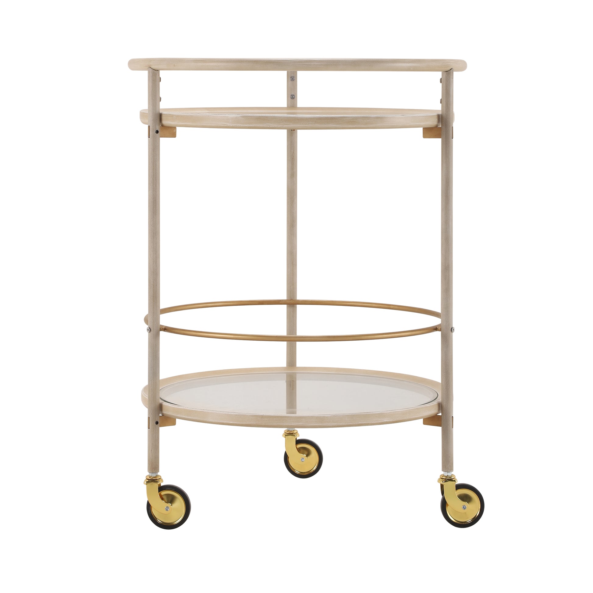 Round Bar Cart with Tempered Glass Shelves and Gold Accents,Distressed White Finish image 5
