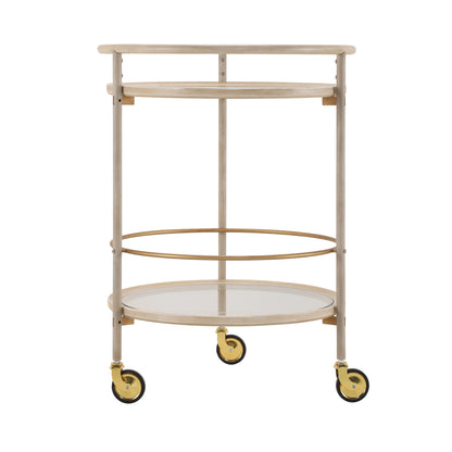 Round Bar Cart with Tempered Glass Shelves and Gold Accents,Distressed White Finish image 5