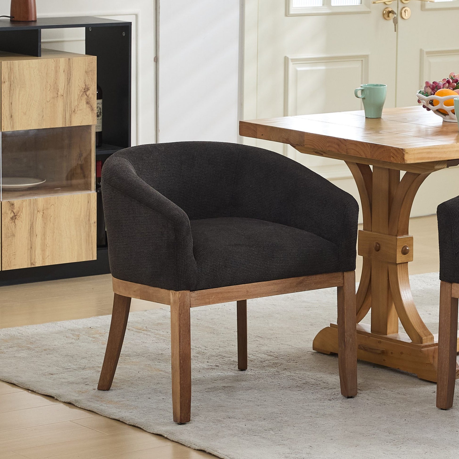 Mid Century Modern Upholstered Barrel Dining Chairs with Arms,Farmhouse Linen Kitchen & Dining Room Chairs with Natural Hardwood Frame, 19" W Accent Chairs,Single Pack,Charcoal Gray,SW1891BK image 1