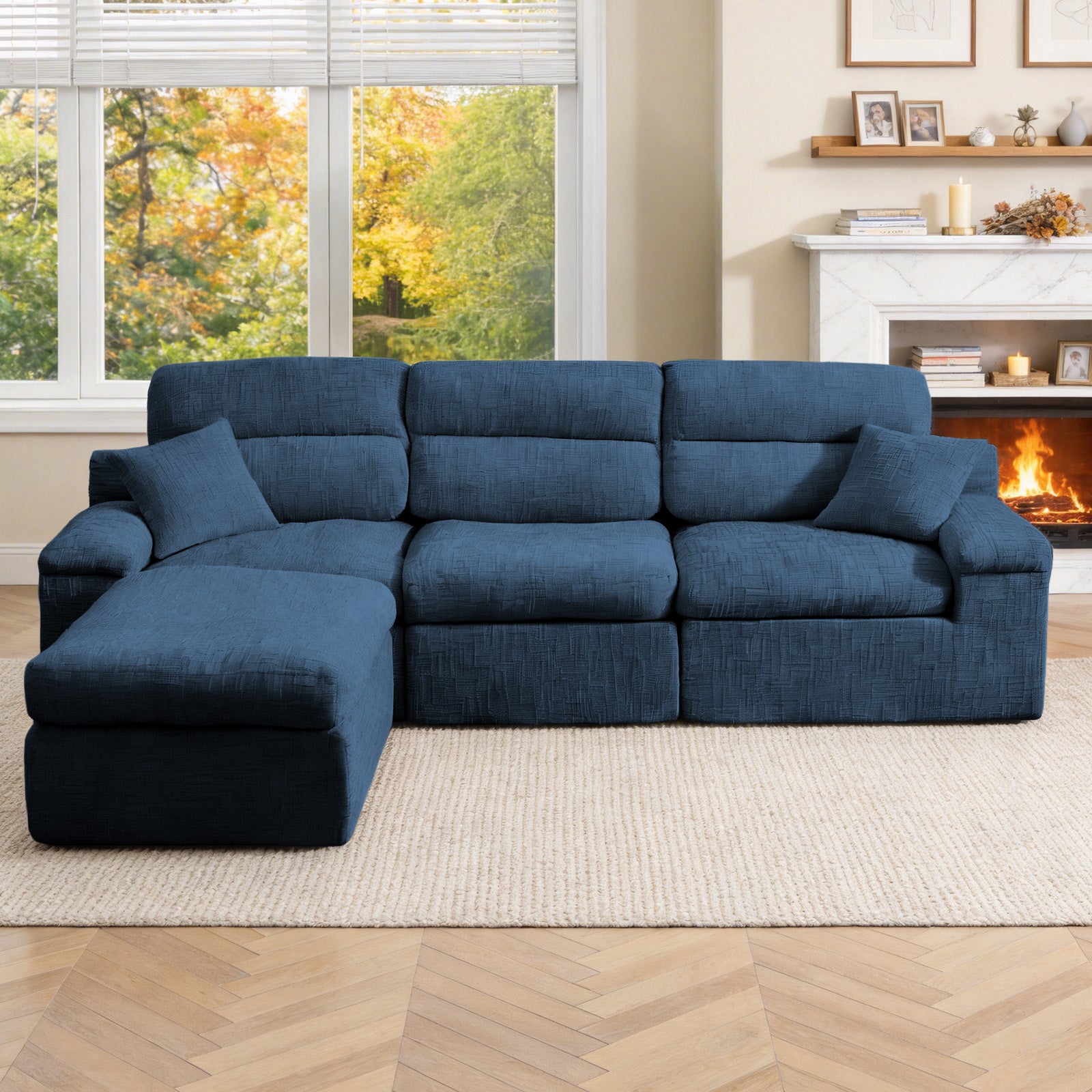 Corner Chaise Sofa with High Backrest,L-Shaped Couch with Slub Chenille Fabric, Compressed High-Density Sponge Cushion, Space-Saving No-Assembly Sofa for Living Room,Apartment(Blue) image 2