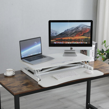 32 Inch Desk Converter, Height Adjustable Sit to Stand Riser, Dual Monitor and Laptop Workstation with Wide Keyboard Tray, Standing Computer Desk, WHITE image 1
