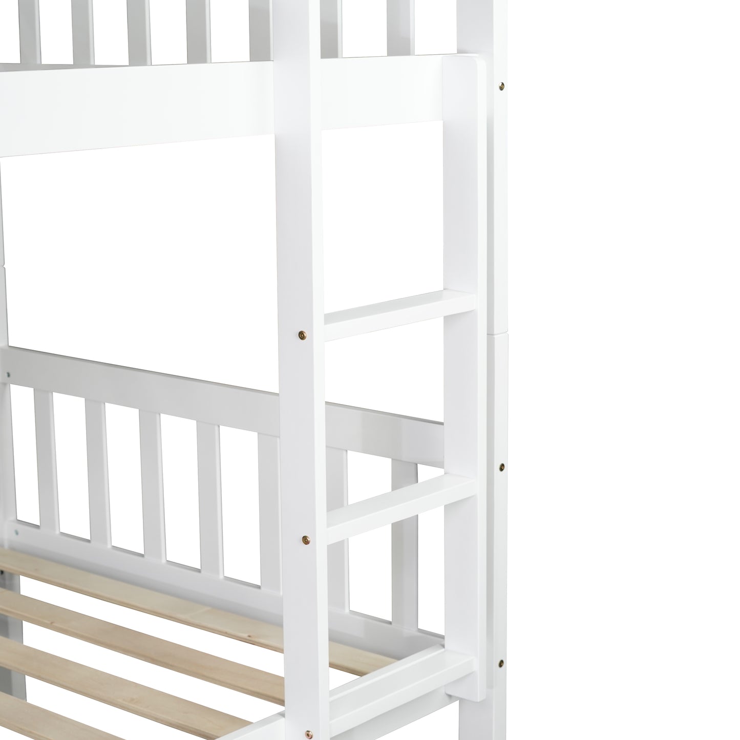 Twin Over Twin Rubber Wood Bunk Bed with Trundle, Convertible into Twin Size Beds, Twin Size Bunk Bed with Ladder and Safety Guardrails, White image 3