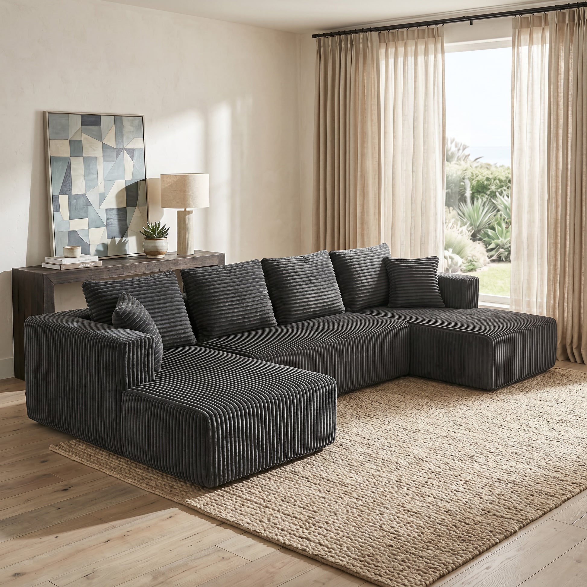 132.1 Inch Modular Sectional Sofa, U-Shaped Corduroy Sofa Couch with Double Chaise, Oversized Deep Seat Cloud Couch for Living Room, Apartment, Gray image 1
