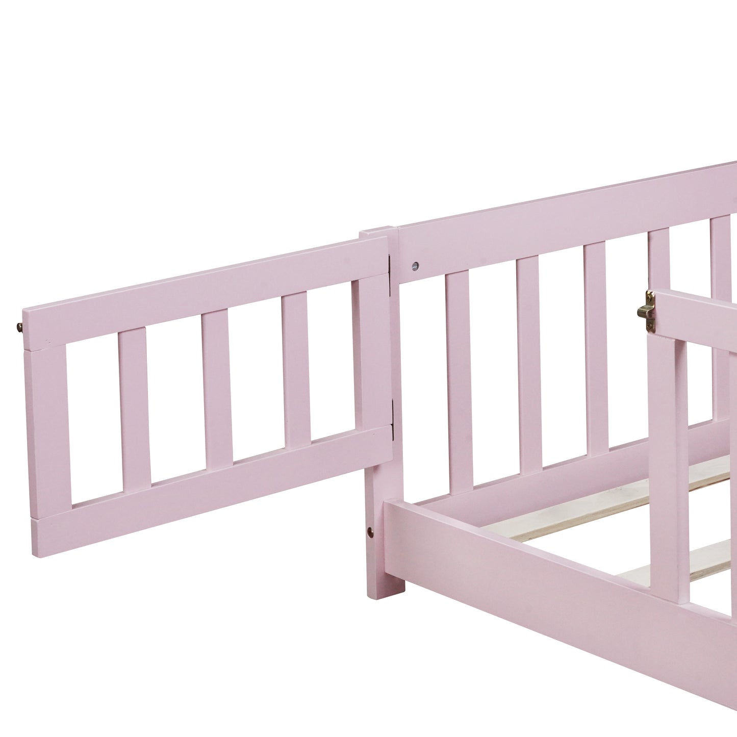 Twin Size Floor Bed with Fence and Door,Rubber Wood Floor Bed with Safety Guardrails,Pink image 10
