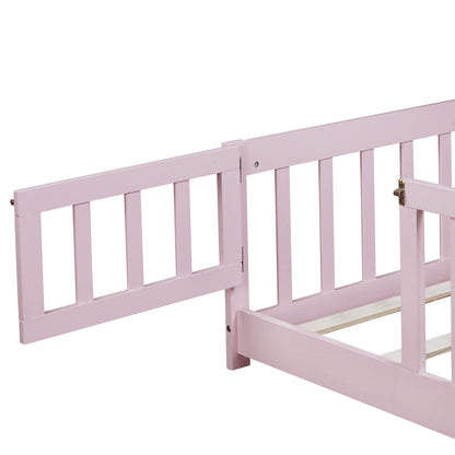Twin Size Floor Bed with Fence and Door,Rubber Wood Floor Bed with Safety Guardrails,Pink image 10