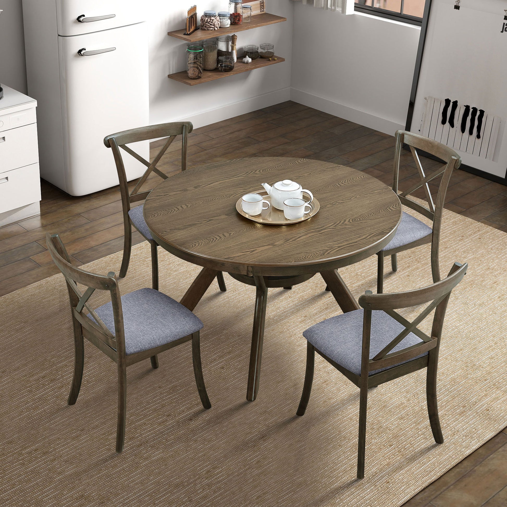 47.24''Round Rubber Wood Dining Table for 4-6 with Wooden Trestle Pedestal Base,Modern Kitchen Wooden Table Dinner Table for Dining Room, Living Room,Oak(1Table) image 7