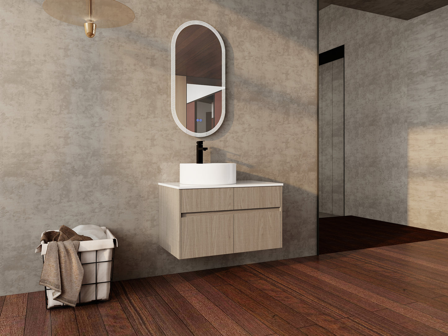 32 Inch Wall-Mounted Bathroom Vanity with Ceramic Art Basin, and PVC Flat Panel, 2-Soft Close Doors and 1-Drawer, KD-Packing, Particle Board image 6