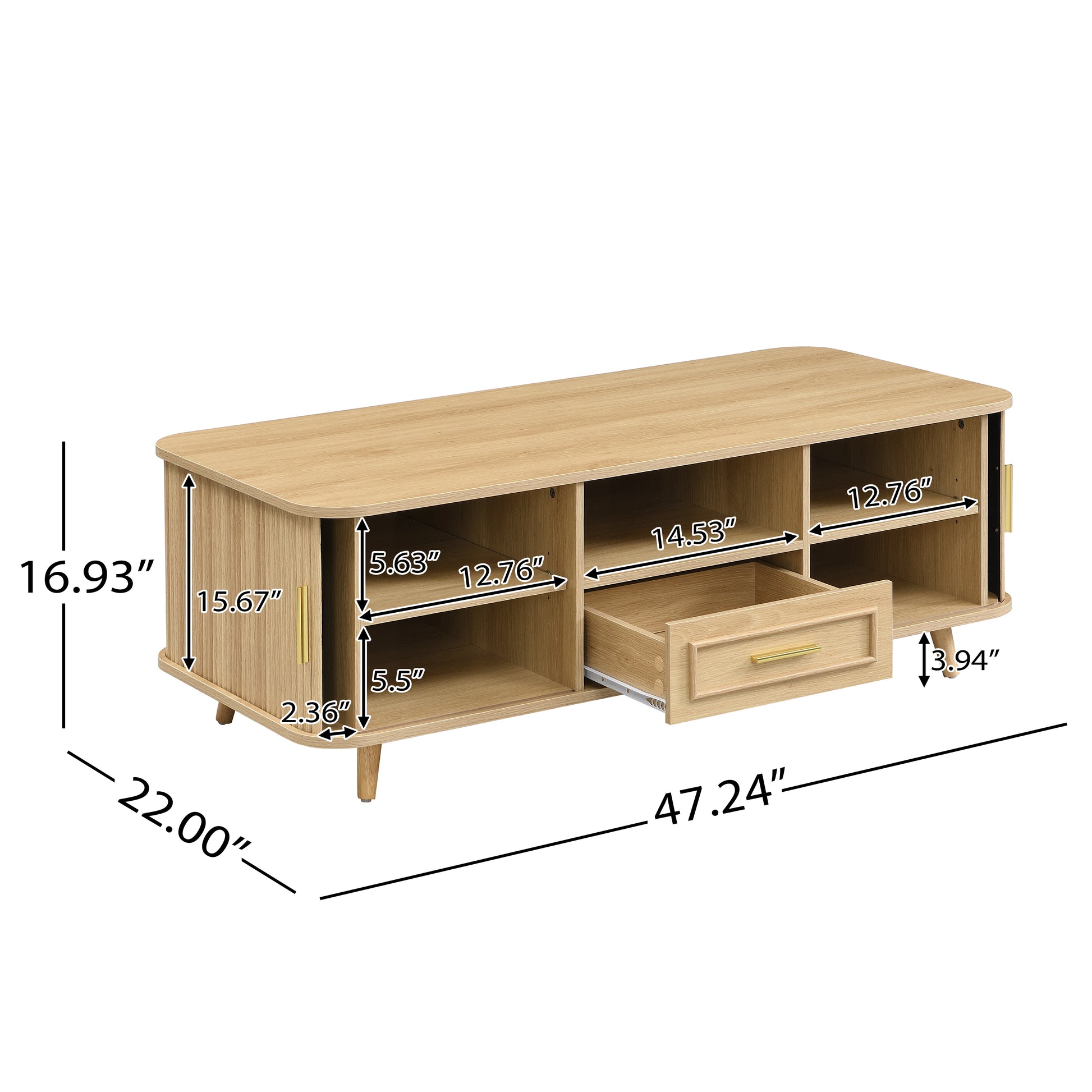 Mid-Century Modern Coffee Table with Storage: Natural Wood Finish, 2 Doors & 1 Drawer, For Living Room, Entertainment Center, Home Theater image 2