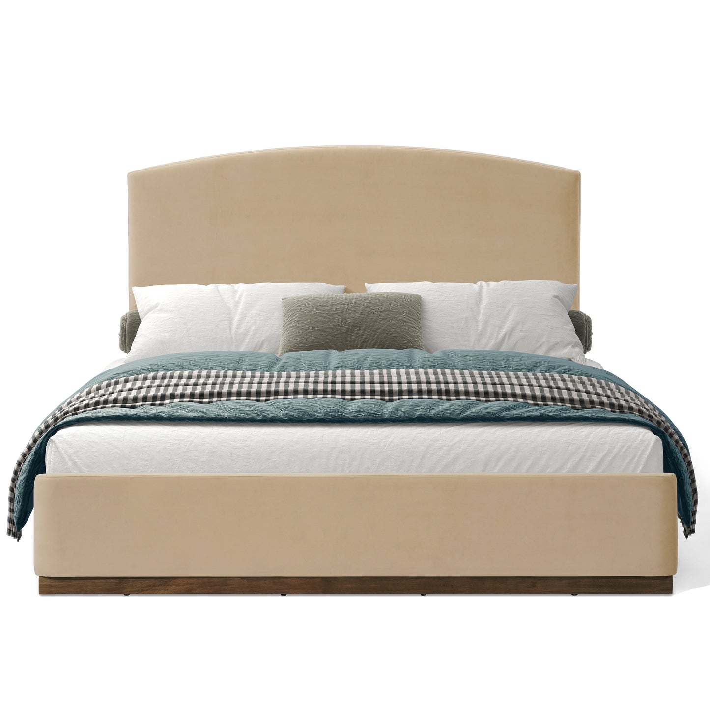 Queen Size Upholstered Bed Frame With Velvet Fabric Thick Headboard, Solid Wood Base, Camel image 5