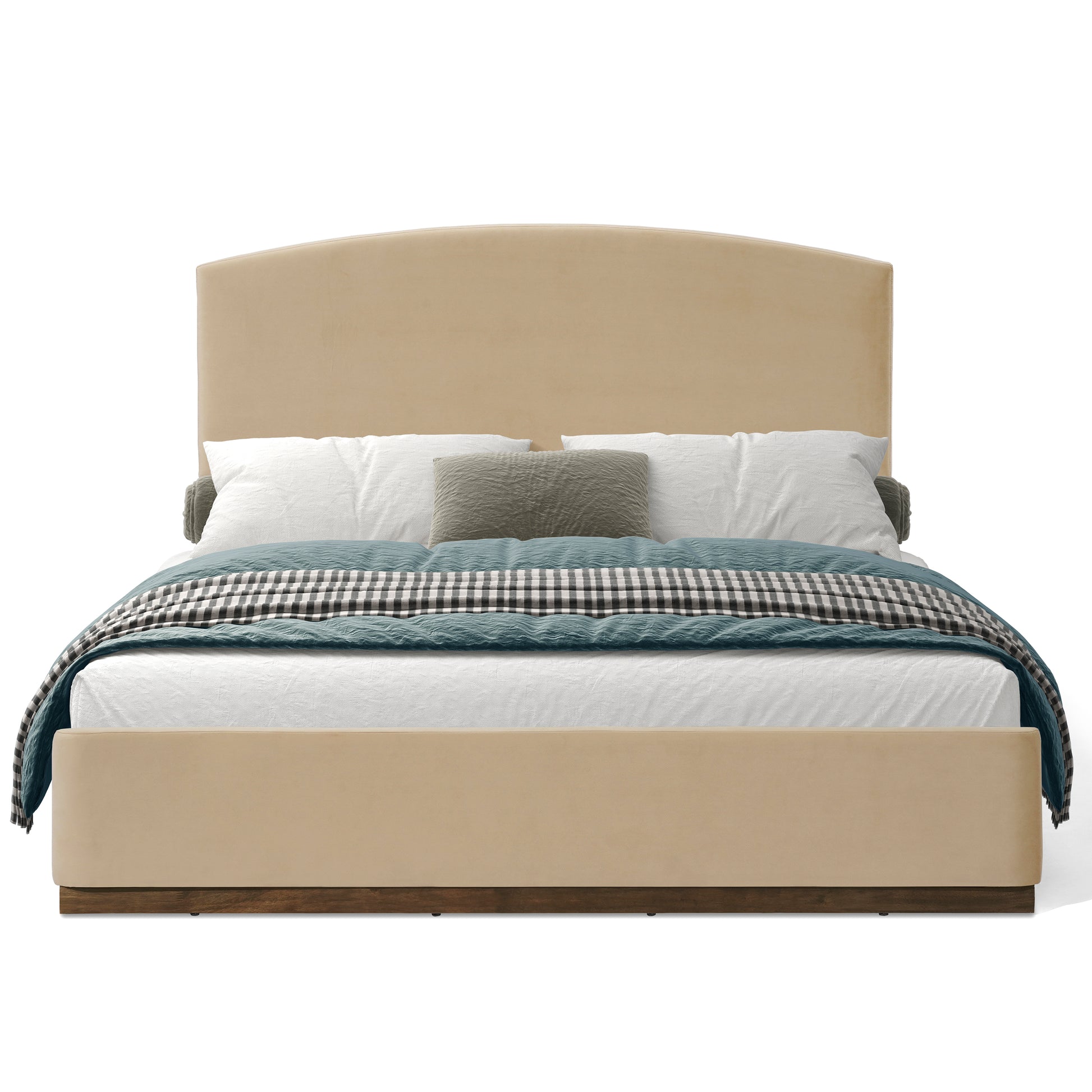 Queen Size Upholstered Bed Frame With Velvet Fabric Thick Headboard, Solid Wood Base, Camel image 5