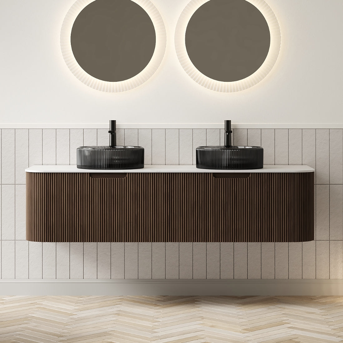 DINA 60" Bathroom Vanity&Sinks, Floating Curved Edges Striped Storage Cabinet with 2 Drawers, 2 Transparent Black Round Glass Basins&Carrara White Sintered Top, Pre-assembled, Dark Walnut Woodgrain image 1