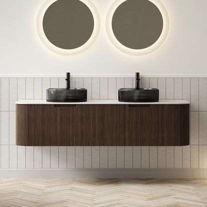 DINA 60" Bathroom Vanity&Sinks, Floating Curved Edges Striped Storage Cabinet with 2 Drawers, 2 Transparent Black Round Glass Basins&Carrara White Sintered Top, Pre-assembled, Dark Walnut Woodgrain image 1