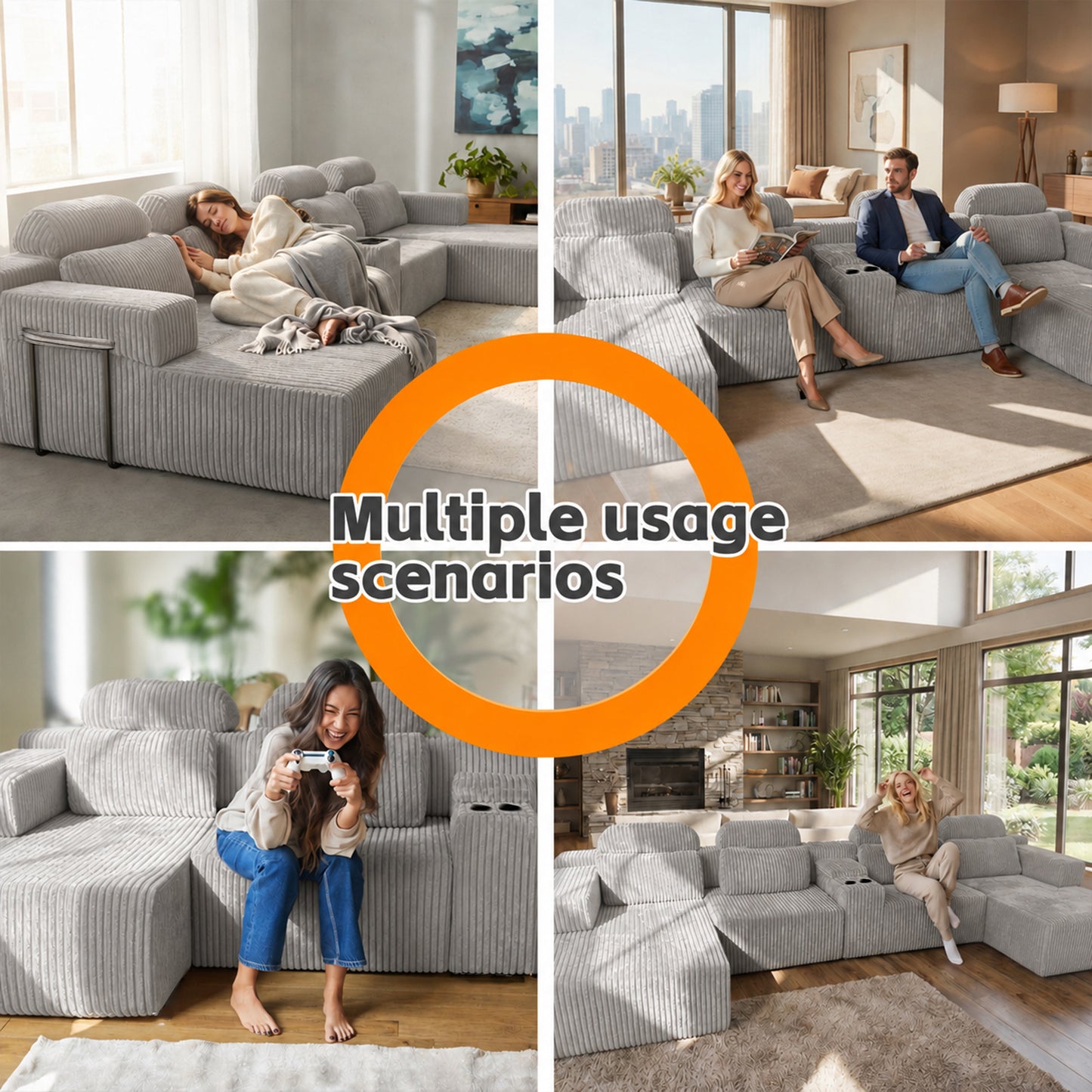 Modern Gray Velvet U-Shaped Velvet Sectional Sofa - 3-Piece Living Room Set with Chaise Lounge & Cup Holders - 145.7"/370cm Extra Large Modular Sofa for Home Theater, Family Room, Luxury Living Space image 4