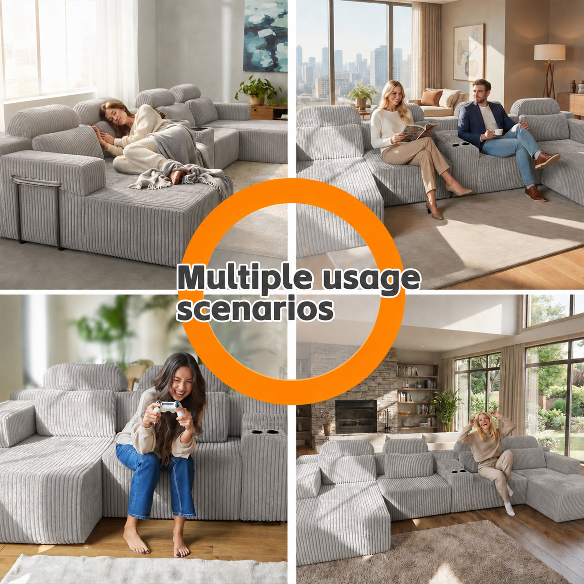 Modern Gray Velvet U-Shaped Velvet Sectional Sofa - 3-Piece Living Room Set with Chaise Lounge & Cup Holders - 145.7"/370cm Extra Large Modular Sofa for Home Theater, Family Room, Luxury Living Space image 4