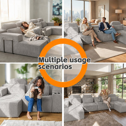 Modern Gray Velvet U-Shaped Velvet Sectional Sofa - 3-Piece Living Room Set with Chaise Lounge & Cup Holders - 145.7"/370cm Extra Large Modular Sofa for Home Theater, Family Room, Luxury Living Space image 4
