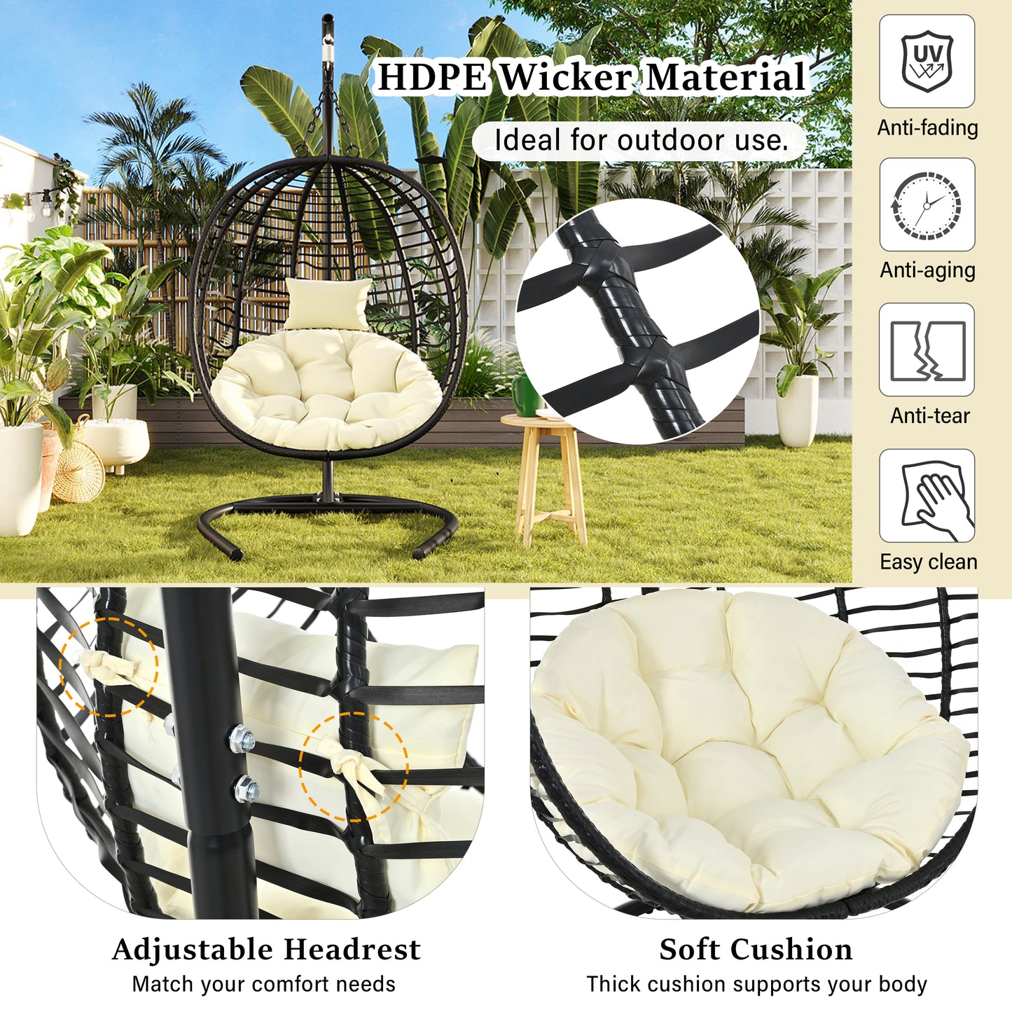 U_Style Single Person Folding Egg Chair with Stand, Hanging Egg Chair Indoor Outdoor, Wicker Hammock Swing Chair with Adjustable Anti-Slip Feet,Suitable for Balcony, Bedroom,Garden image 8