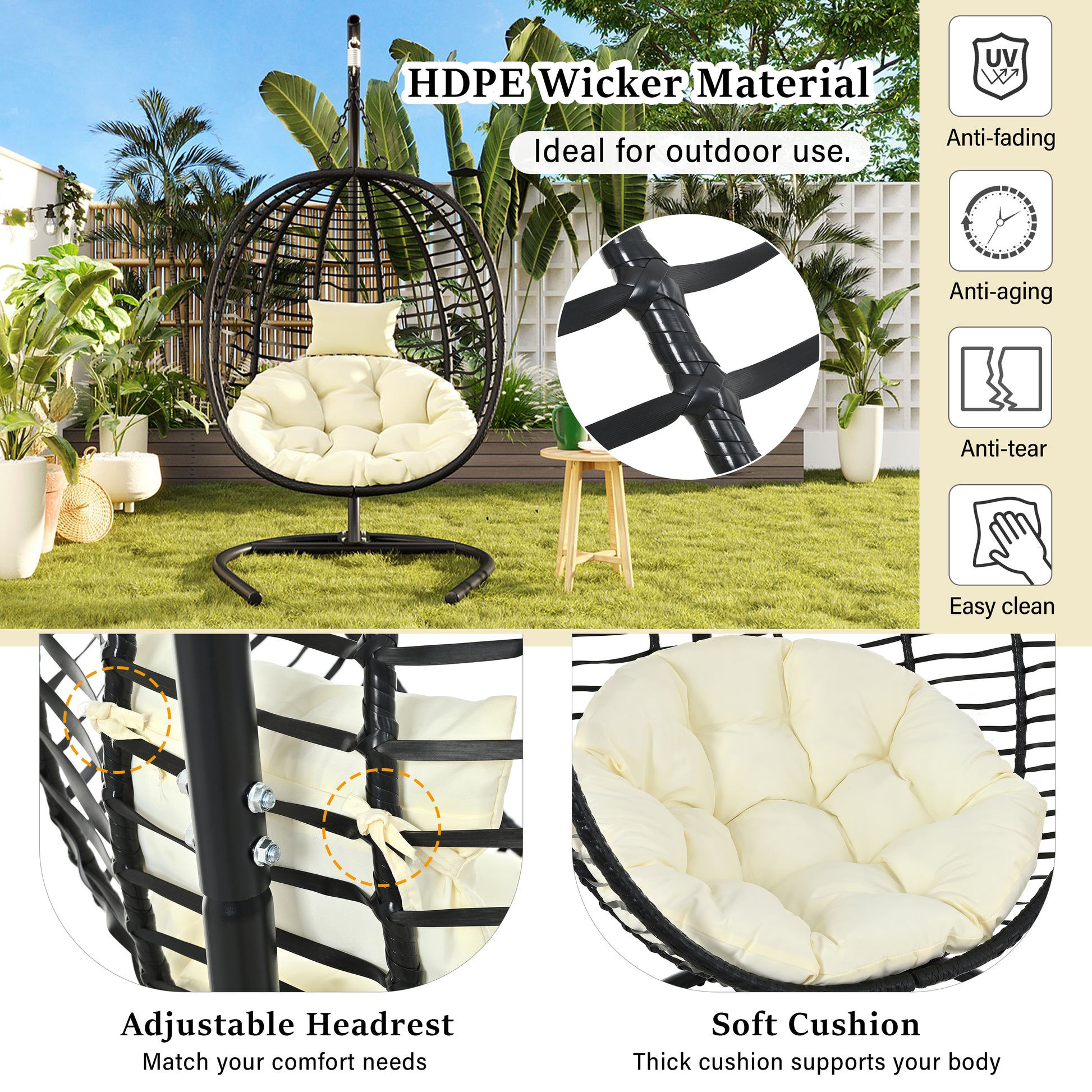 U_Style Single Person Folding Egg Chair with Stand, Hanging Egg Chair Indoor Outdoor, Wicker Hammock Swing Chair with Adjustable Anti-Slip Feet,Suitable for Balcony, Bedroom,Garden image 8