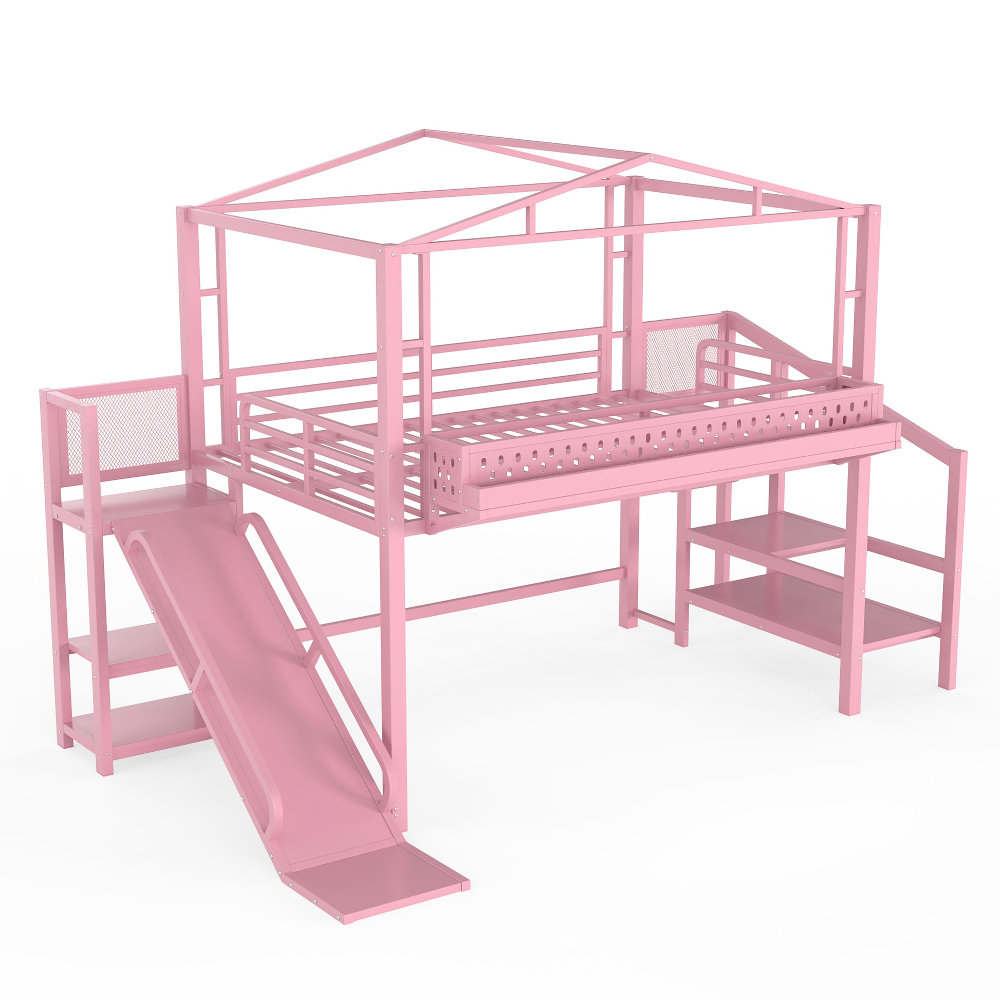Full Size Loft Bed with Storage Stairs, Shelves and Built-in Wardrobe, Metal Loft Bed Frame with USB Ports and LED Lights, Noise-reduced Design, Pink image 11