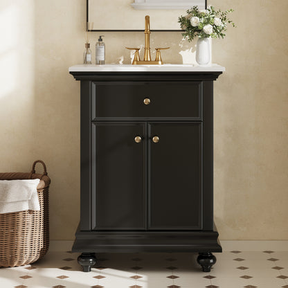 24" Modern Bathroom Vanity with A Tip-Out Drawer & Soft-Close Hinges, Bathroom Cabinet with Back Open Structure, Ball-Turned Legs with French Elegance image 3