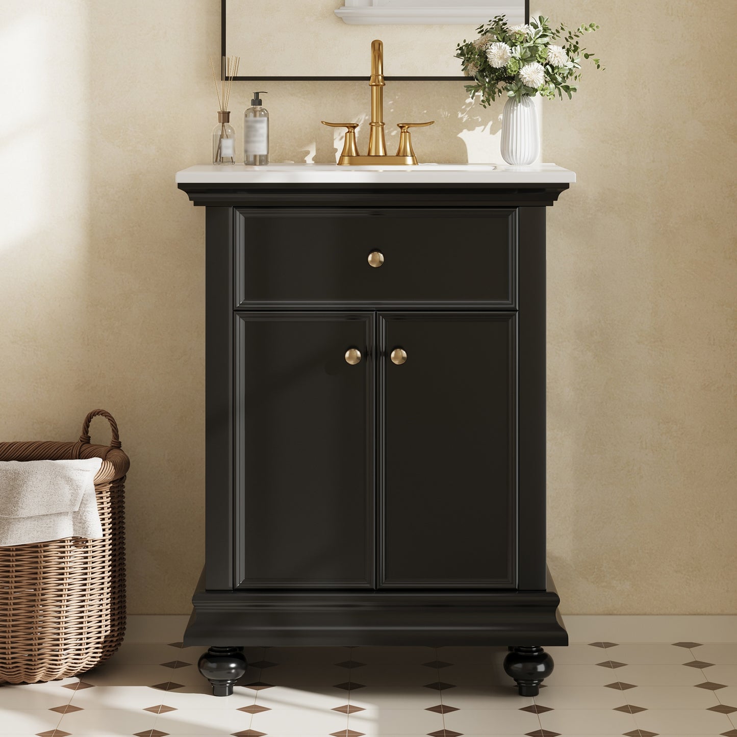 24" Modern Bathroom Vanity with A Tip-Out Drawer & Soft-Close Hinges, Bathroom Cabinet with Back Open Structure, Ball-Turned Legs with French Elegance image 3