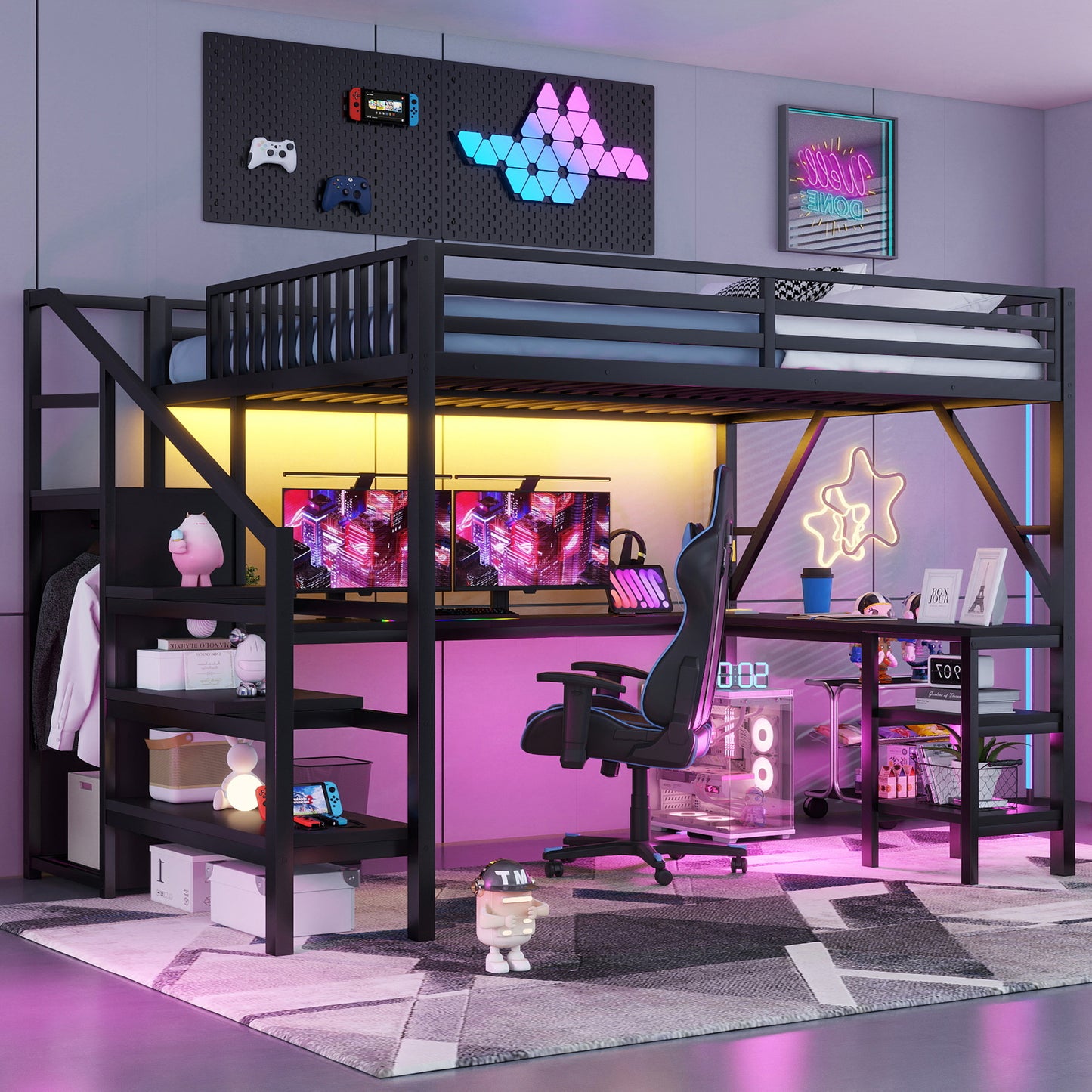 Metal Queen Loft Bed with Wardrobe and LED Light, Queen Size Loft Bed with L Shaped Desk and USB for Kids Teens Adults, Black(Old SKU W2593S00043,Expect Arrival Date 2026/3/7) image 3