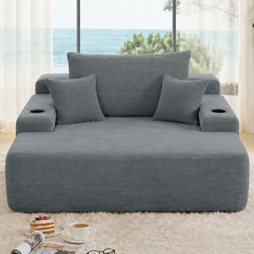 NEW Convertible Chaise Lounge Chair Corduroy with Wide Armrest & Throw Pillows, Cozy Boneless Sleeper Sofa Bed Armchair,with cup holder, for Living Room, Bedroom, No Assembly Required,Grey image 2