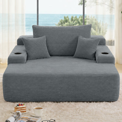 NEW Convertible Chaise Lounge Chair Corduroy with Wide Armrest & Throw Pillows, Cozy Boneless Sleeper Sofa Bed Armchair,with cup holder, for Living Room, Bedroom, No Assembly Required,Grey image 2