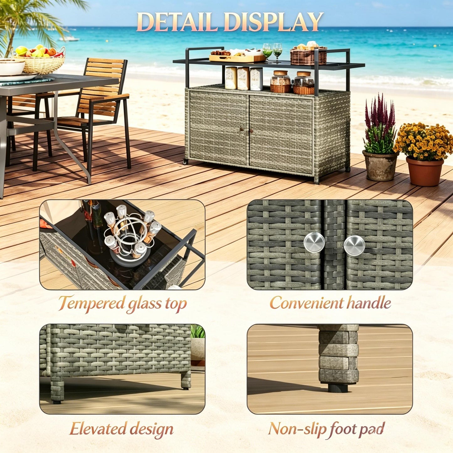 Mobile Bar Cart,Buffet Cabinet,Rattan Storage Cabinet,Outdoor Storage Table,Dining Room Storage Cart,Kitchen Island image 5