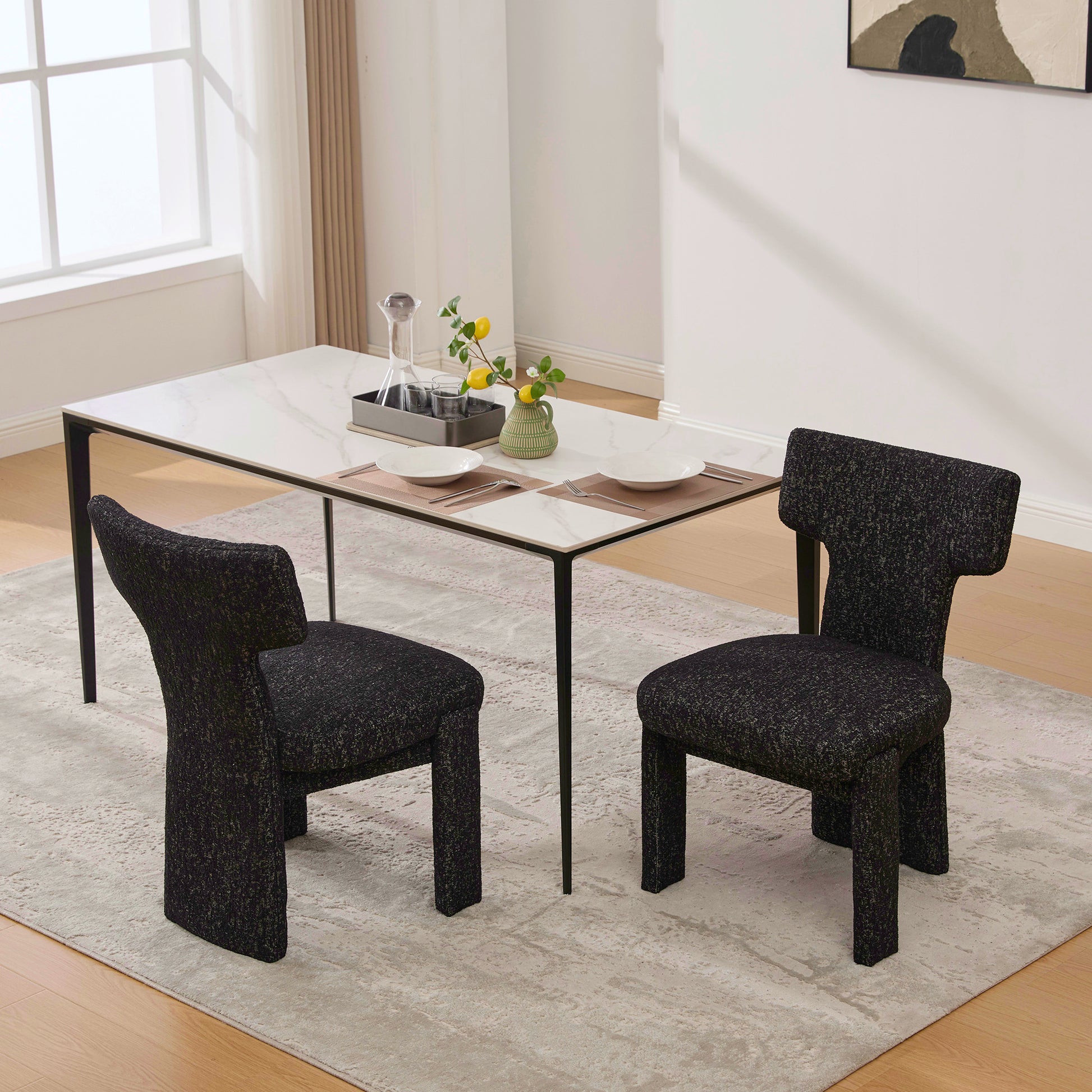 22.05" Wide Modern Upholstered Chenille Dining Chair Set of 2 with Rubberwood Legs, Armless Curved Back Accent Chairs for Living Room Bedroom Restaurant Cafes Dining Room Reception, Black/Gray image 2